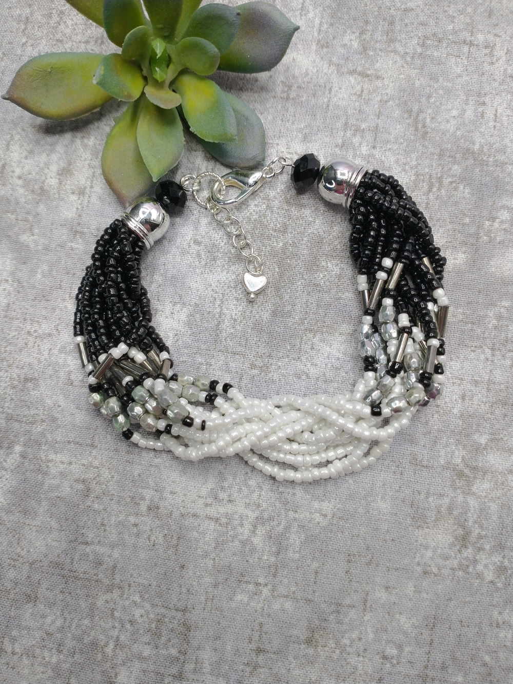 New Hand Crafted Multi Strand Beaded Bracelet, Silver Tone, Adjustable